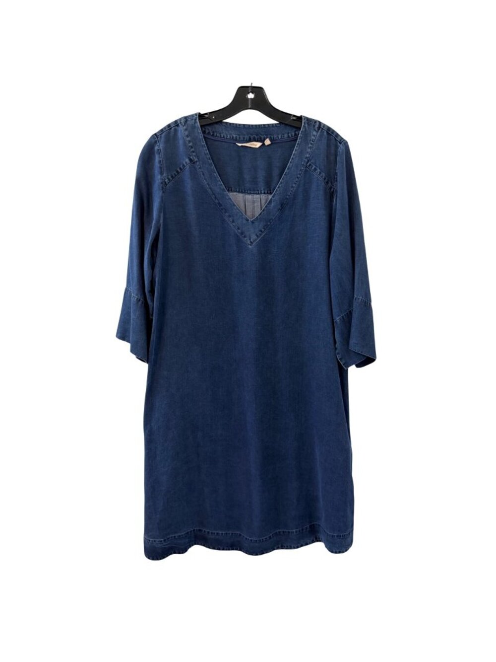 Soft Surroundings Denim Blue Tencel Lyocell V-Neck Dress 3/4 Bell Sleeves Size L